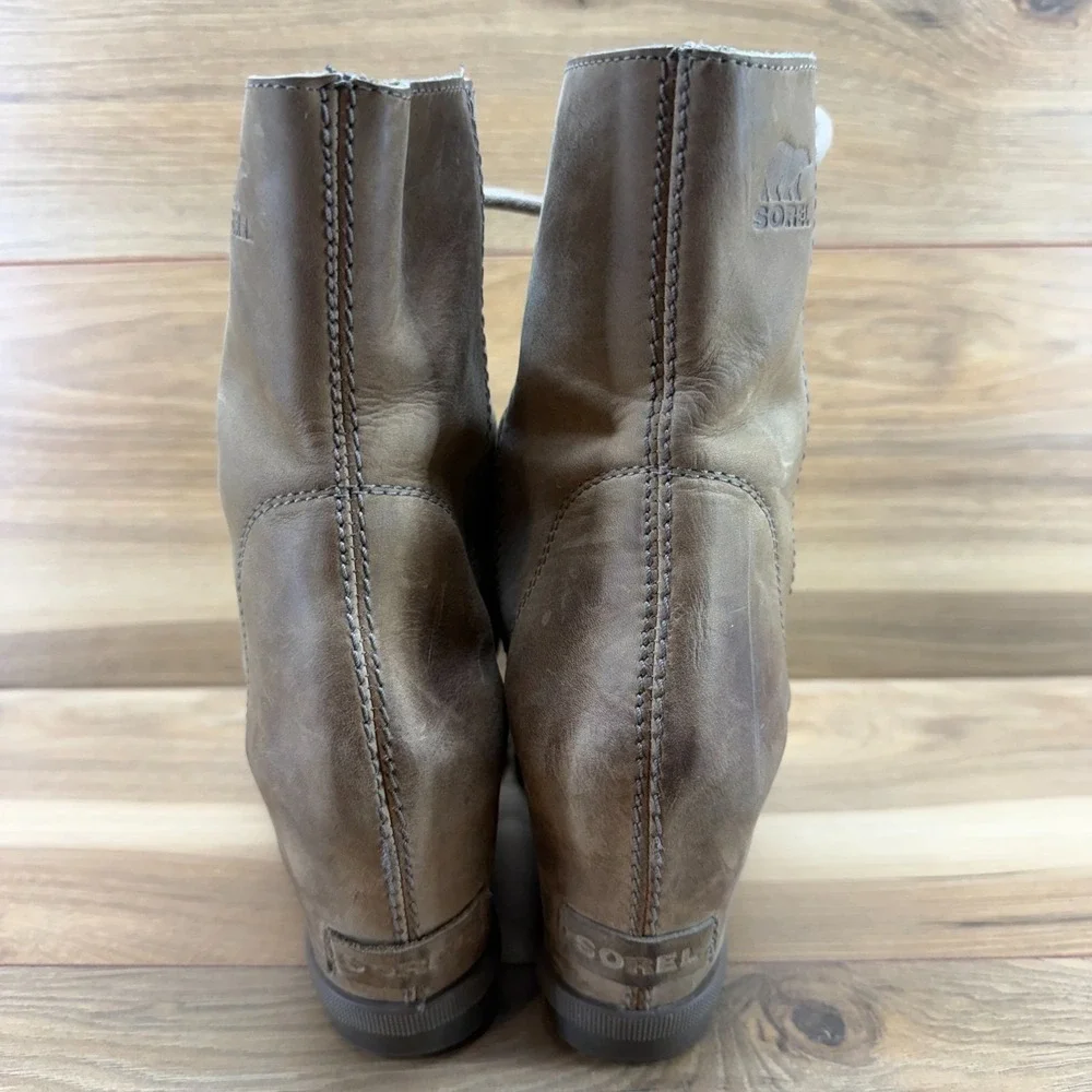 Sorel Joan Of Arctic Wedge Boots 9 Beige Leather Waterproof Modern Minimalist